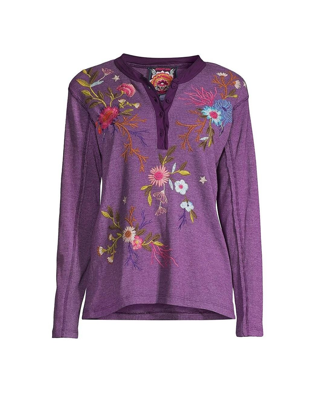 Johnny Was Cotton Ulla Embroidered Henley Tee in Purple Lyst