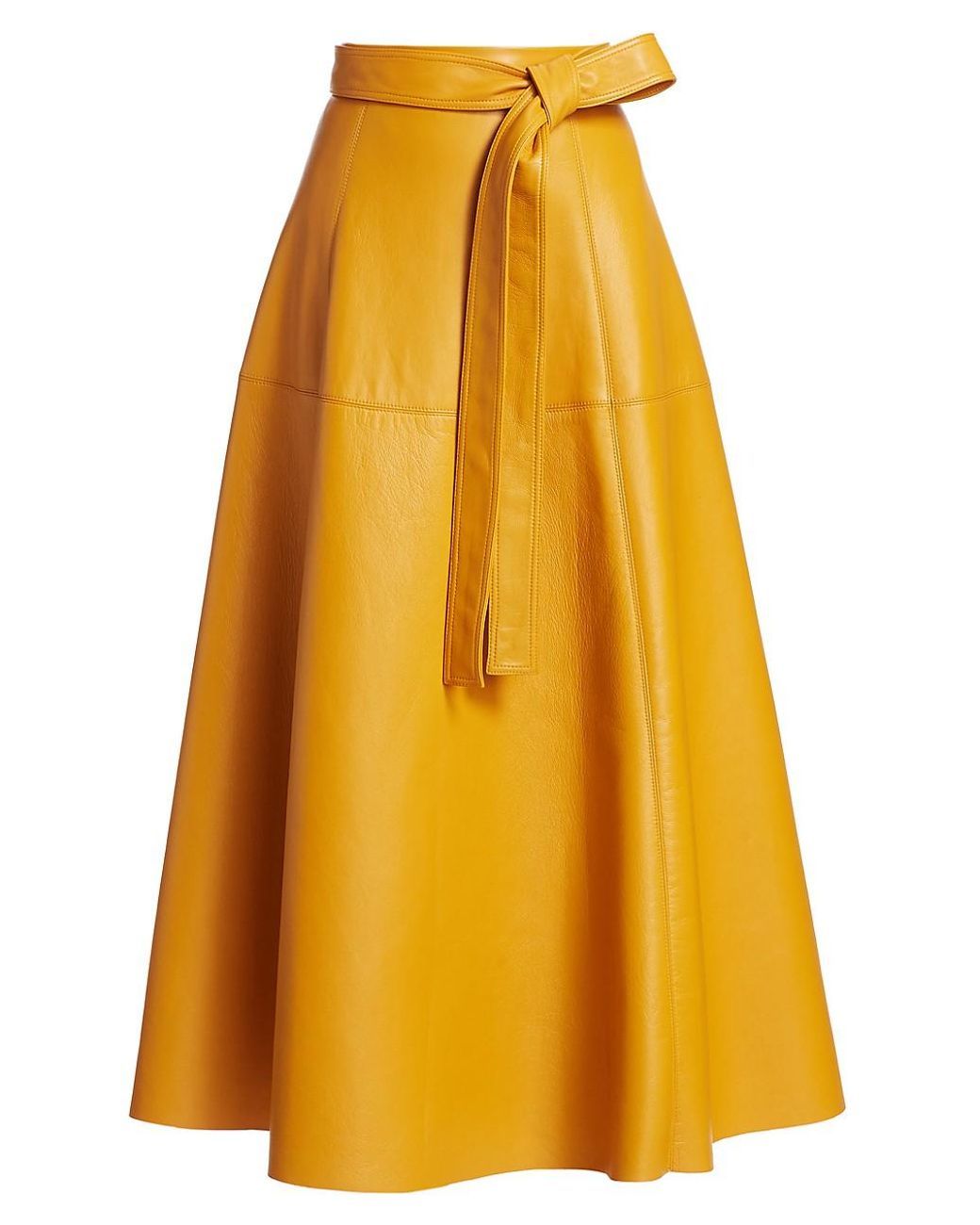 Oscar de la Renta Tie-detailed Leather Midi Skirt in Yellow | Lyst
