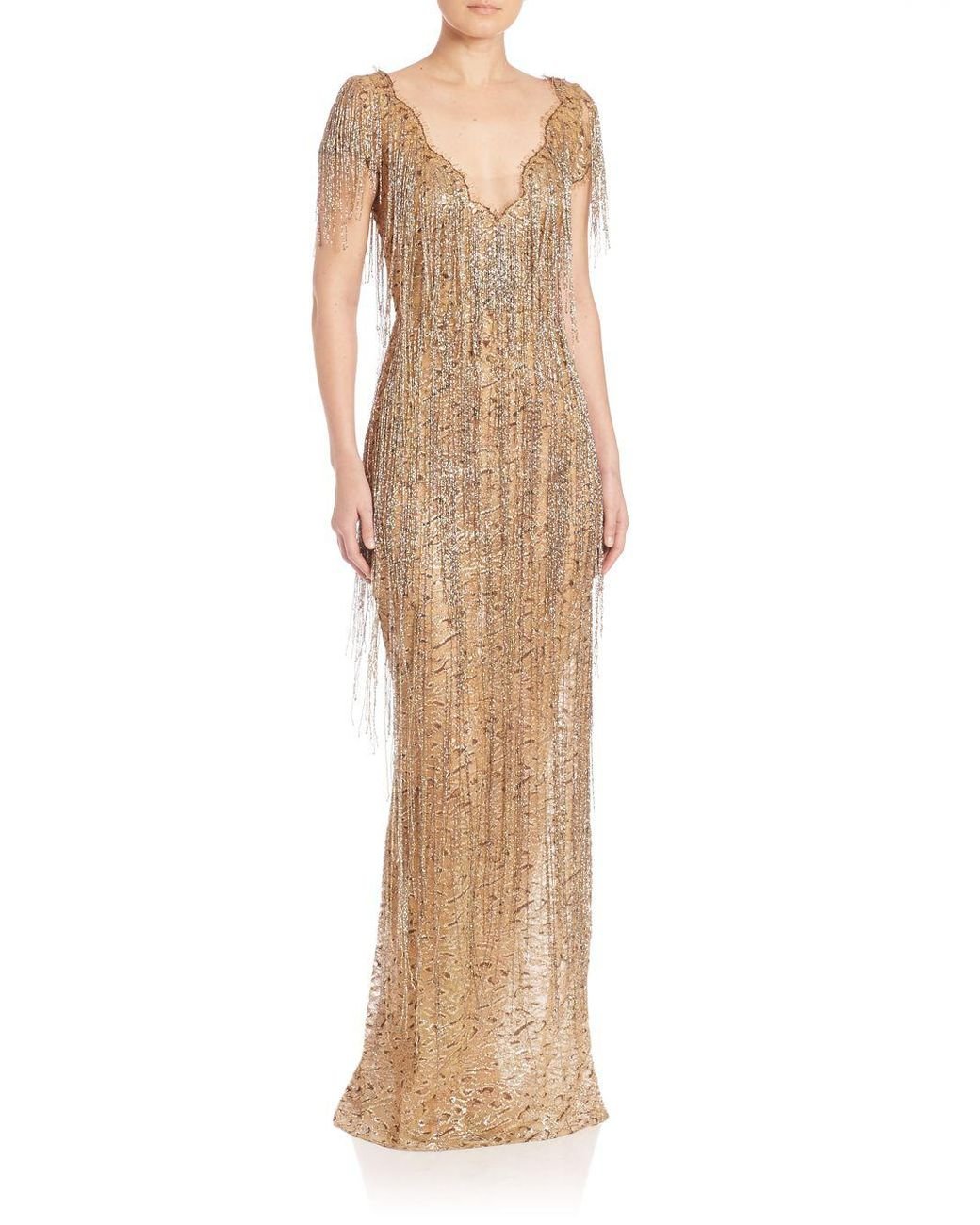 Marchesa Gold Beaded Fringe Gown in Metallic Lyst