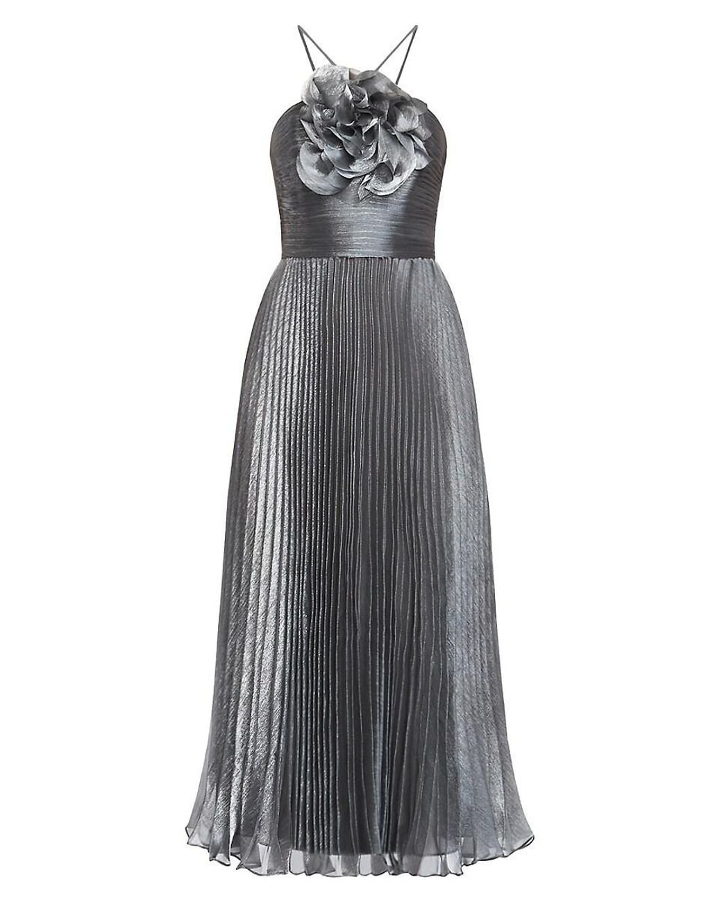Zac Posen Pleated Lamé Midi-Dress in Grey | Lyst Canada