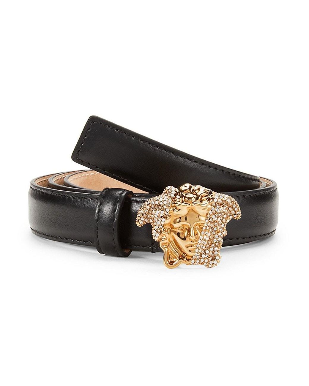 Versace Crystal Medusa Buckle Leather Belt in Black | Lyst UK