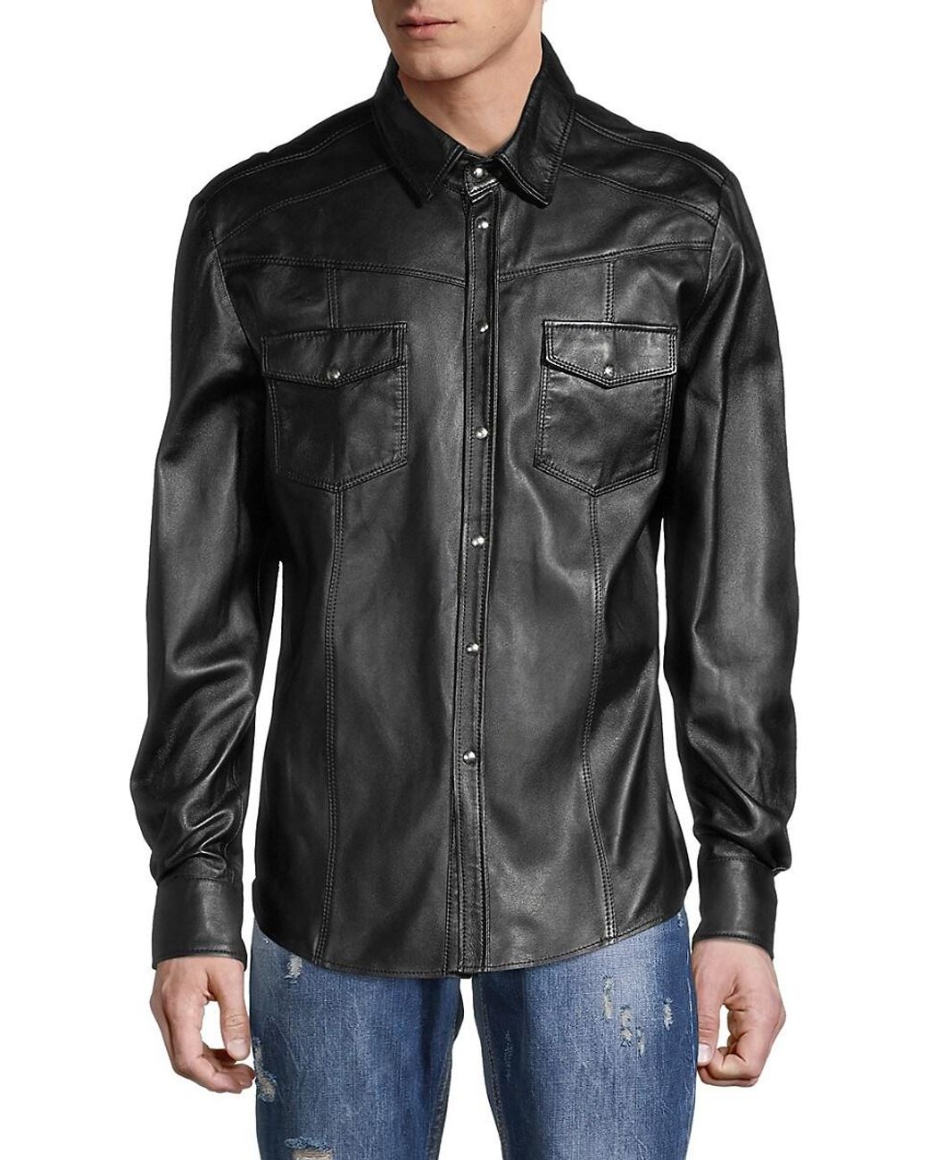 Ron Tomson Snap Front Leather Shirt in Black for Men | Lyst