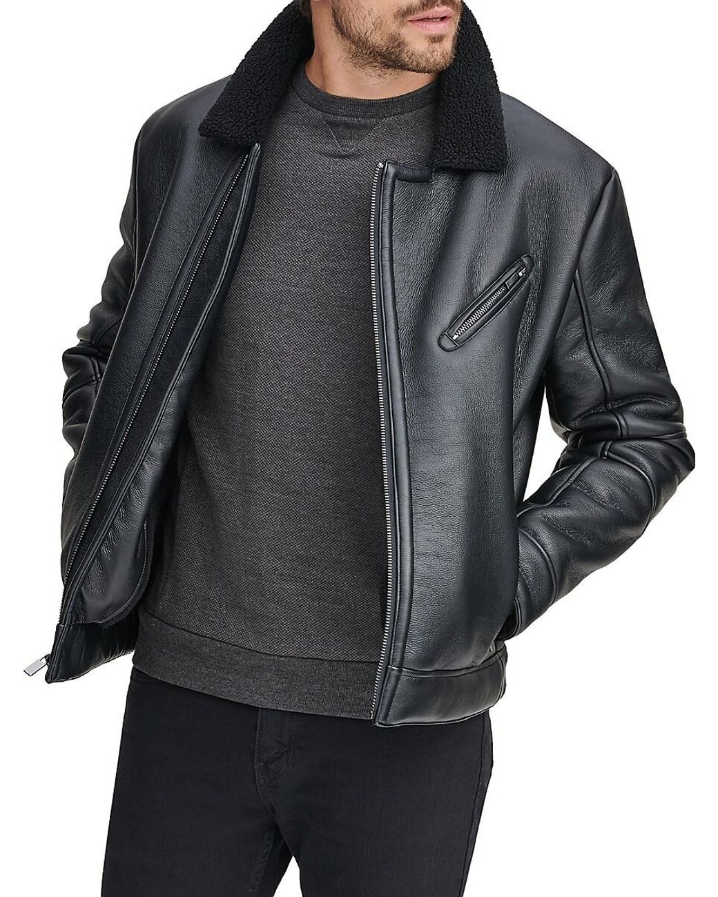 Marc New York Faux Fur-trim Spread Collar Faux Leather Jacket in Black ...