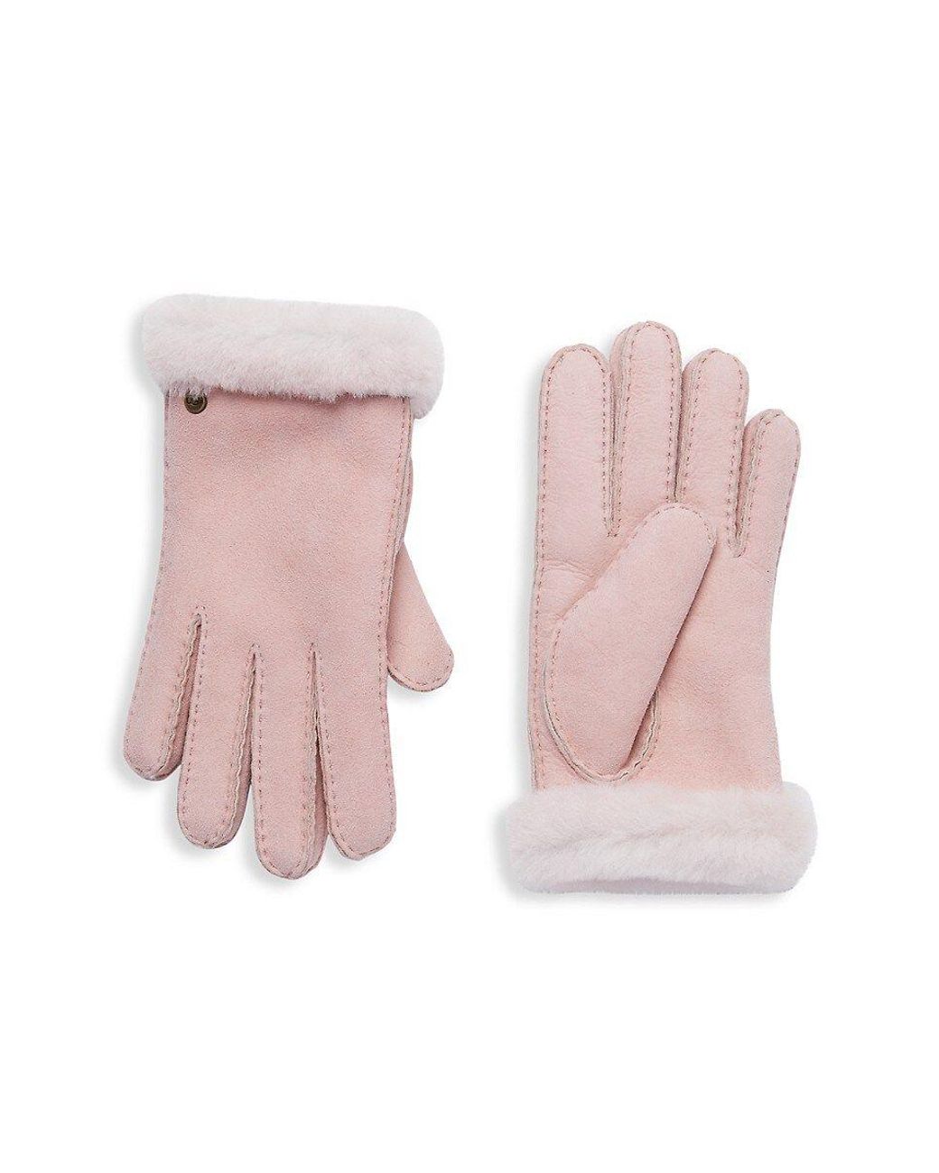 UGG Shearling-trim Leather Gloves in Pink | Lyst