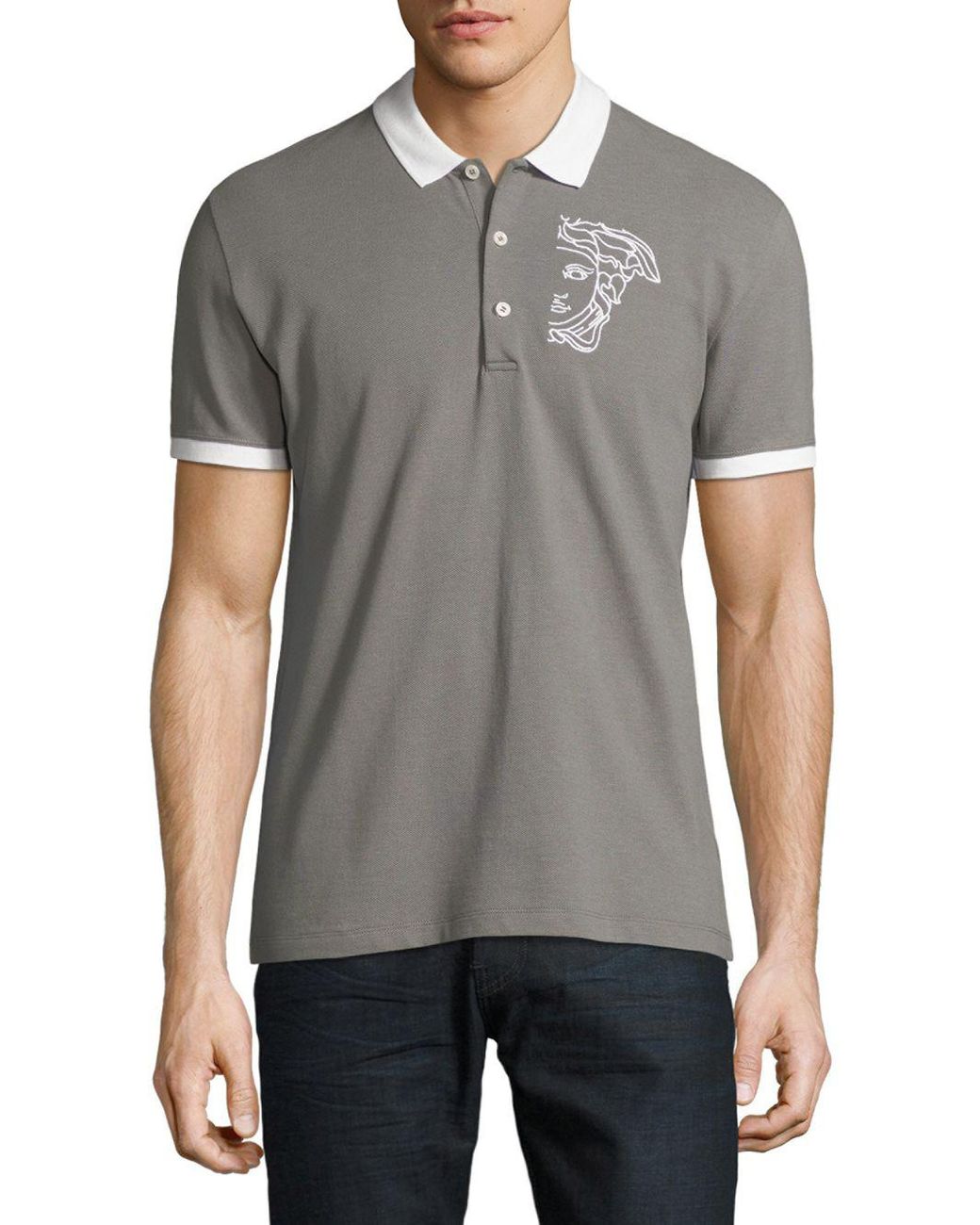 Versace Cotton Logo Cuffed Polo Shirt in White Grey (Gray) for Men | Lyst