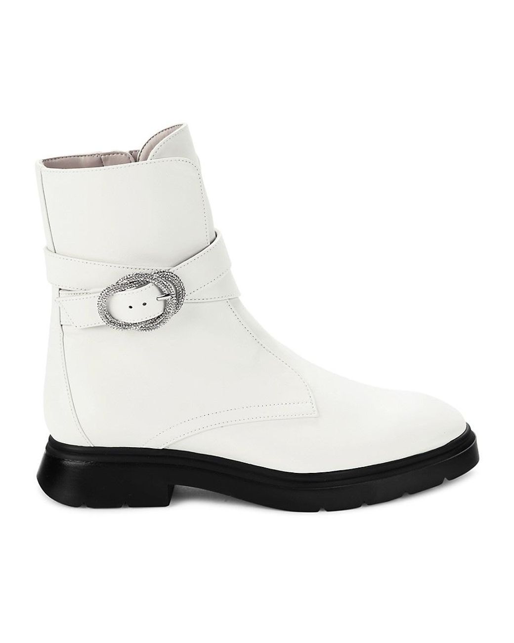 Stuart Weitzman Crystal Buckle Leather Ankle Boots in White | Lyst UK