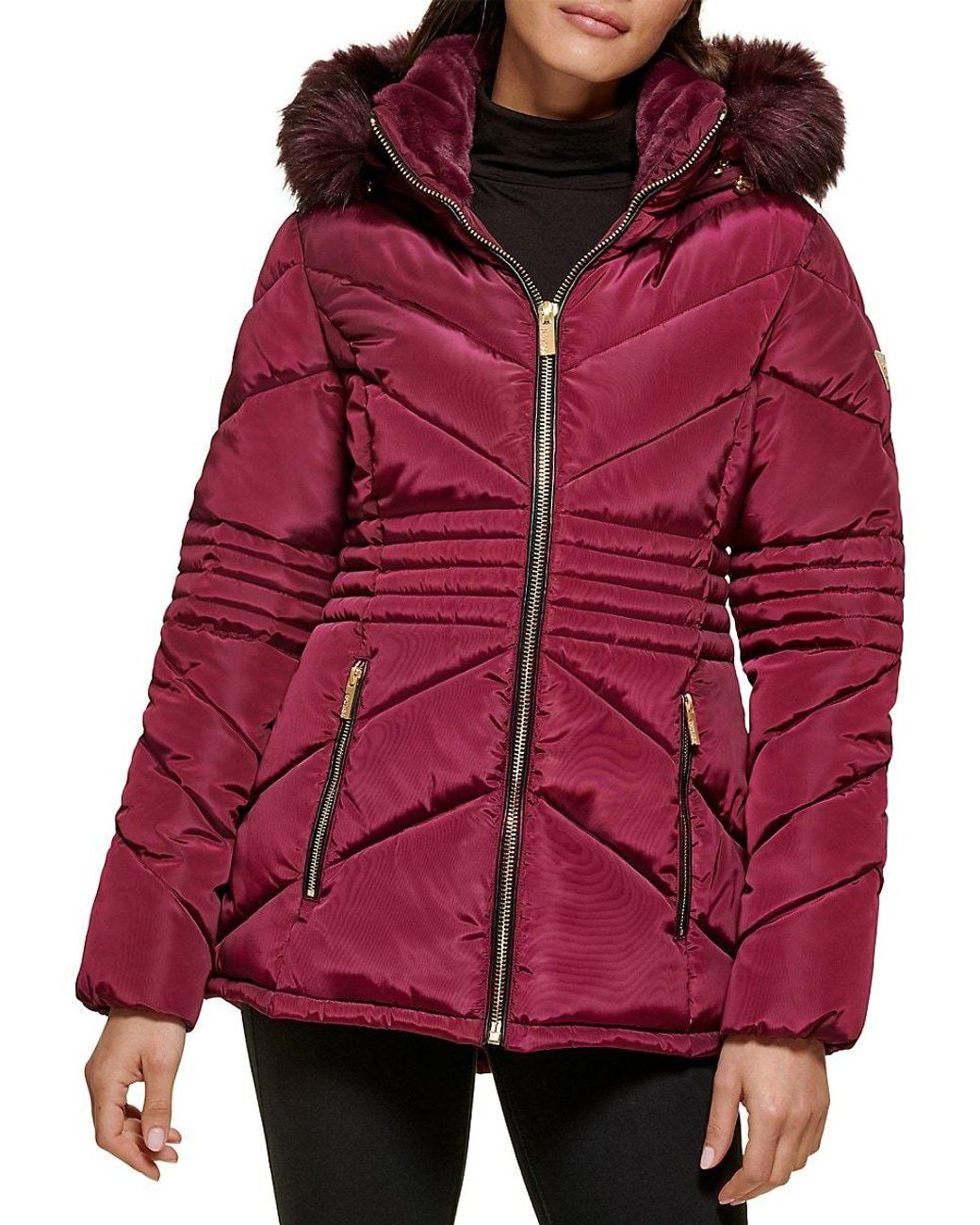 Guess women's hooded quilted puffer jacket with removable faux fur trim hotsell
