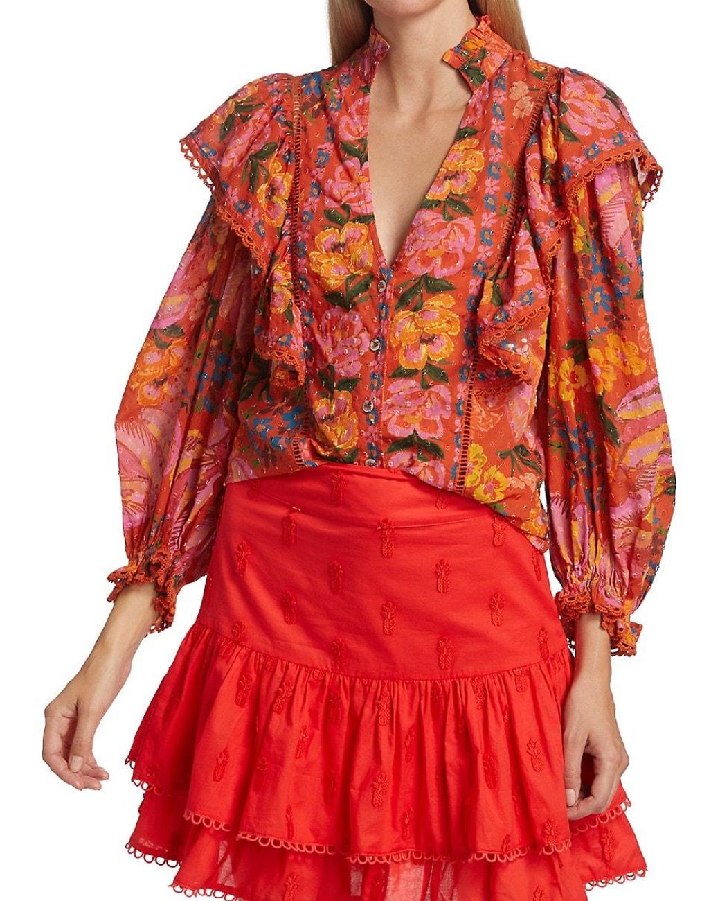 FARM Rio Cotton Red Spring Bananas Ruffle Blouse Lyst