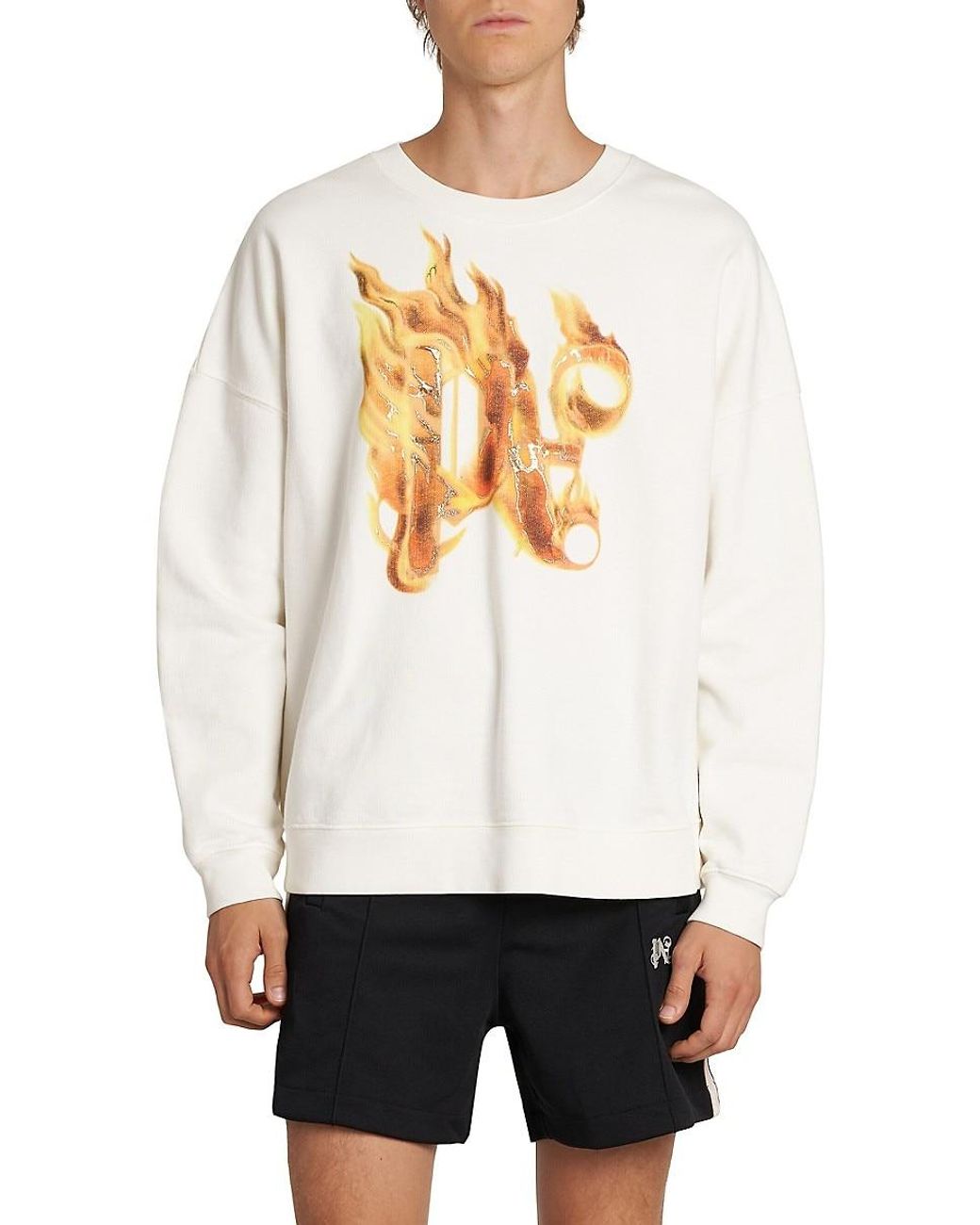Palm Angels Burning Monogram Cotton Sweatshirt in White for