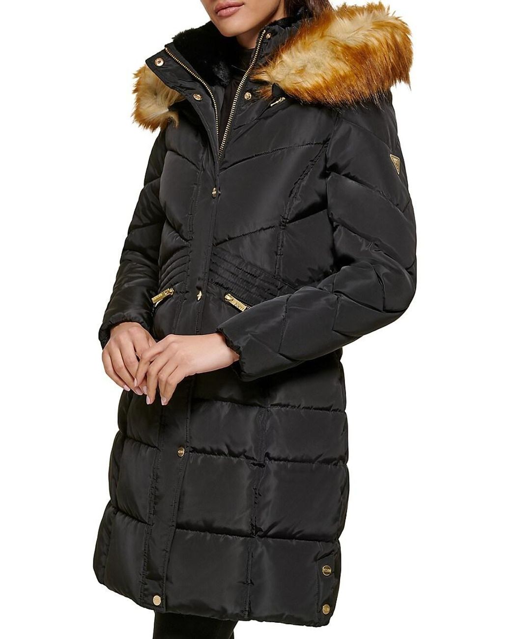 Guess Faux Fur Trim Hood Puffer Jacket in Black Lyst