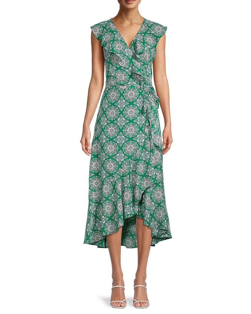 Max Studio Synthetic Floral-print Ruffle Wrap Dress in Green | Lyst