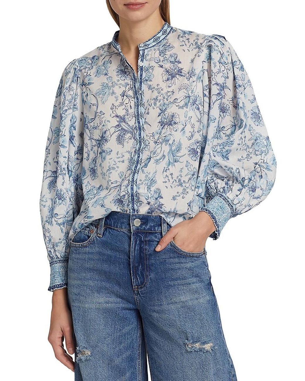Alice + Olivia April Floral Blouson-Sleeve Top in Blue | Lyst