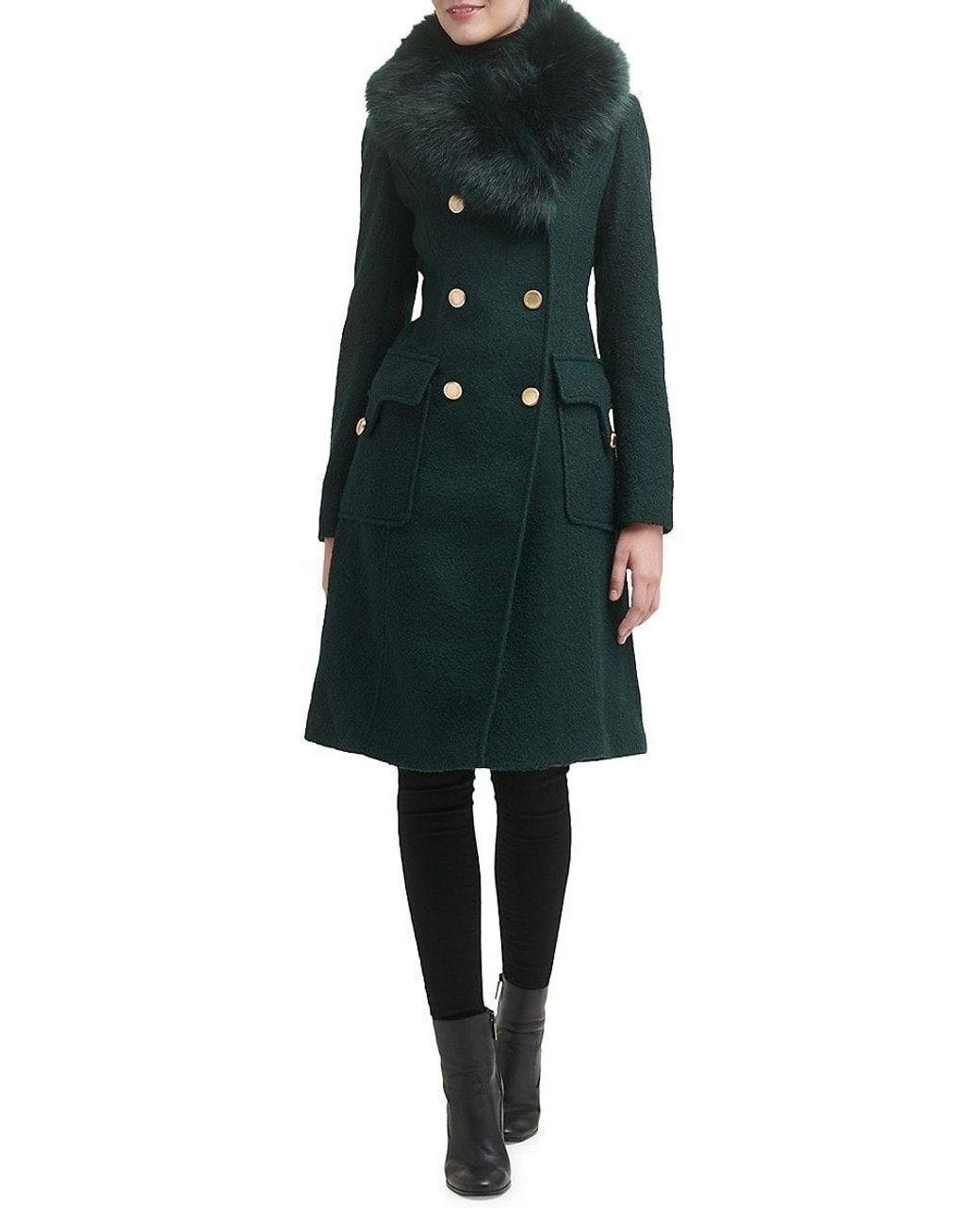 Guess Faux Fur Trim Double Breasted Coat in Green | Lyst