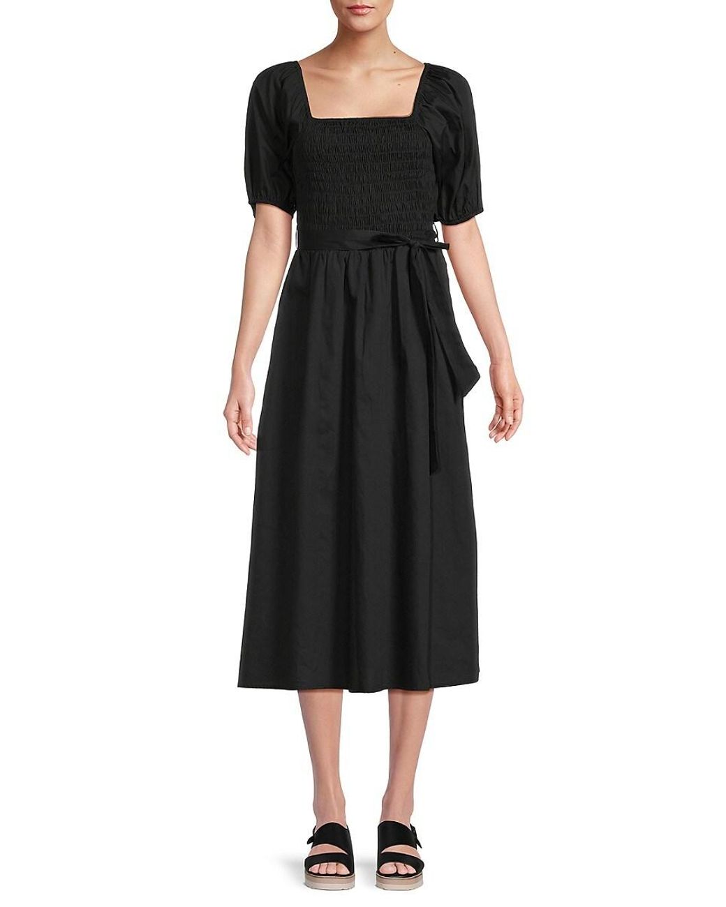 Kensie Belted Smocked Cotton Midi Dress in Black | Lyst UK