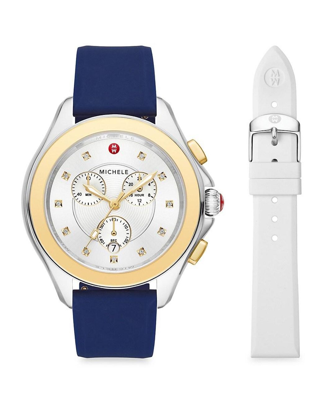 Michele Cape 38mm Two Tone Stainless Steel Silicone Strap Chrono Watch Set in Blue Lyst UK
