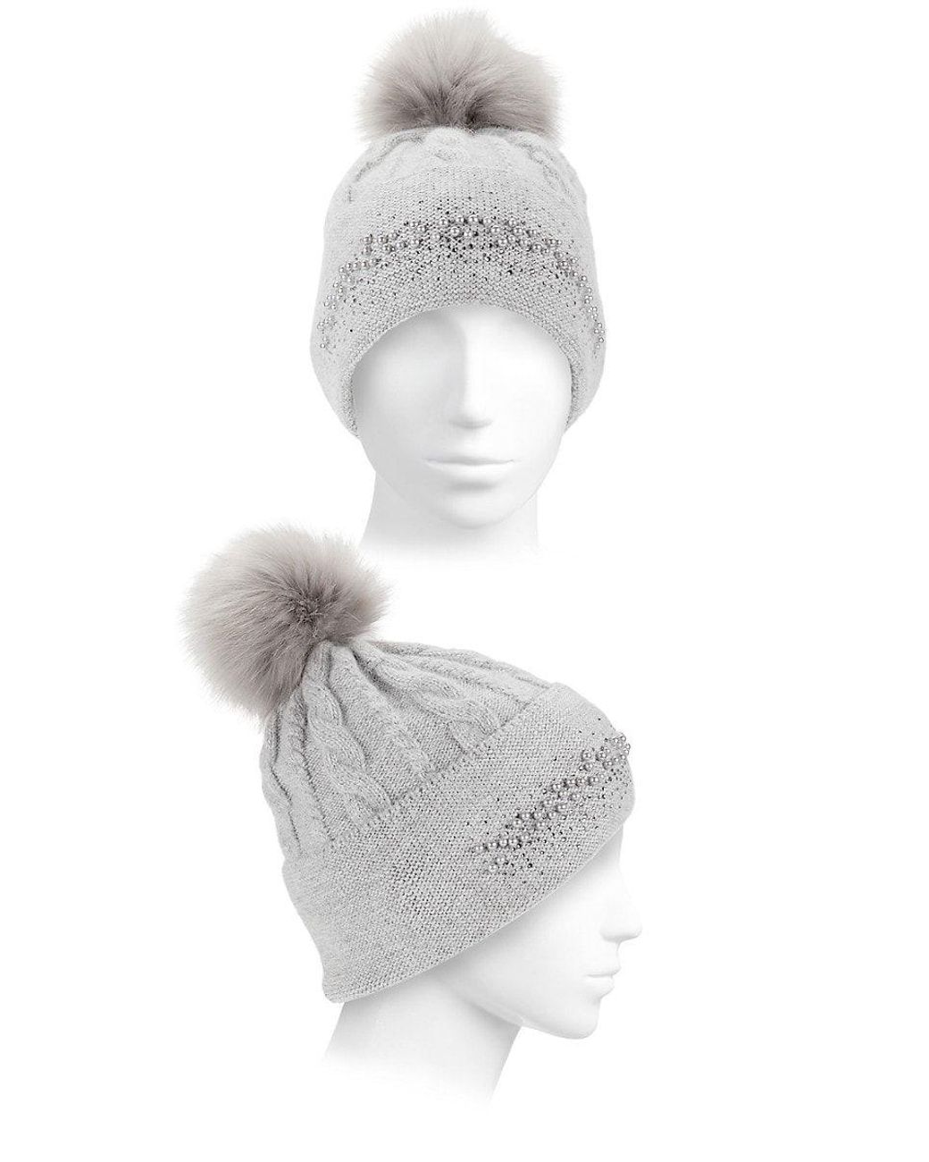 Adrienne Landau Faux Fur Pom Knit Embellished Hat in White | Lyst