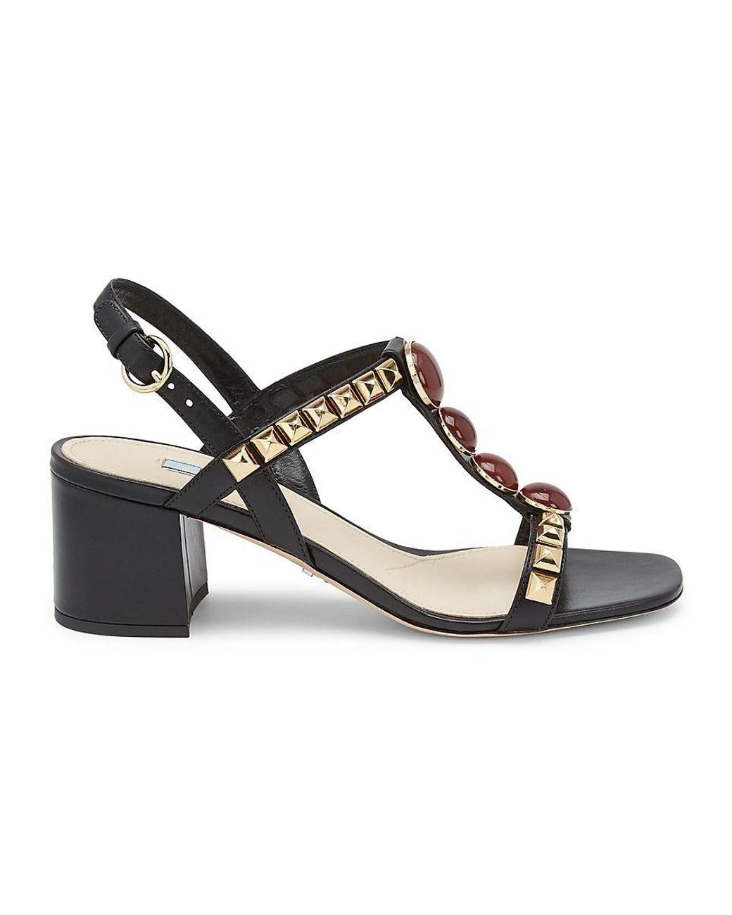 Prada Embellished Block-heel Slingback Leather Sandals in Brown | Lyst
