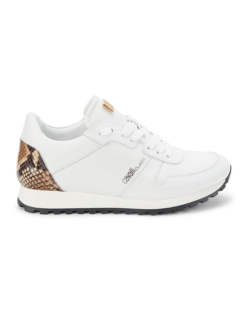 Class Roberto Cavalli Snake Embossed Trim Leather Running Sneakers in White  for Men | Lyst