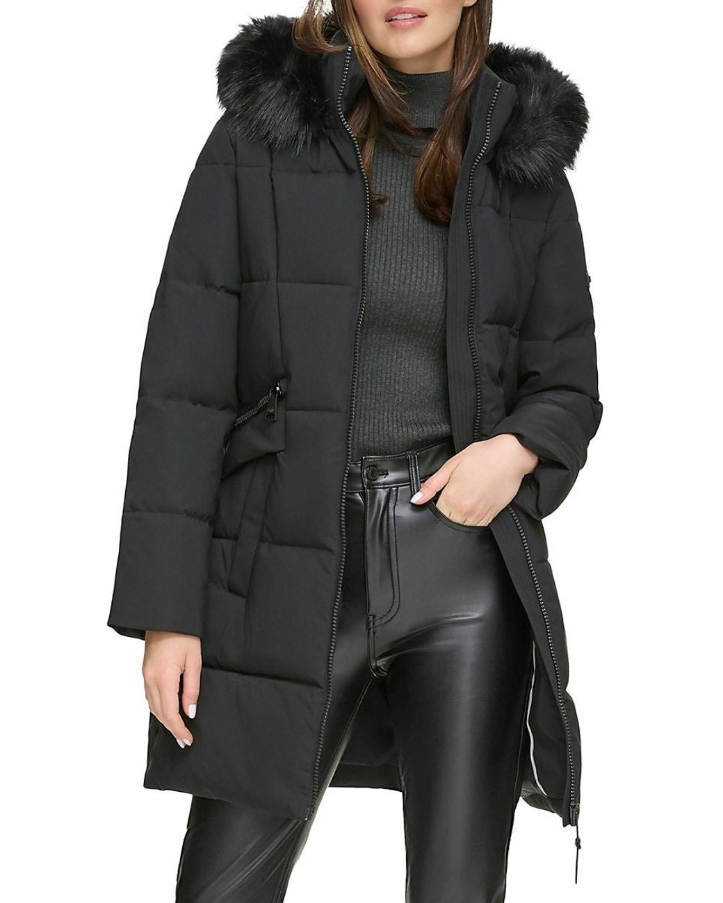 St. John Dkny Faux Fur Trim Puffer Coat in Black Lyst UK