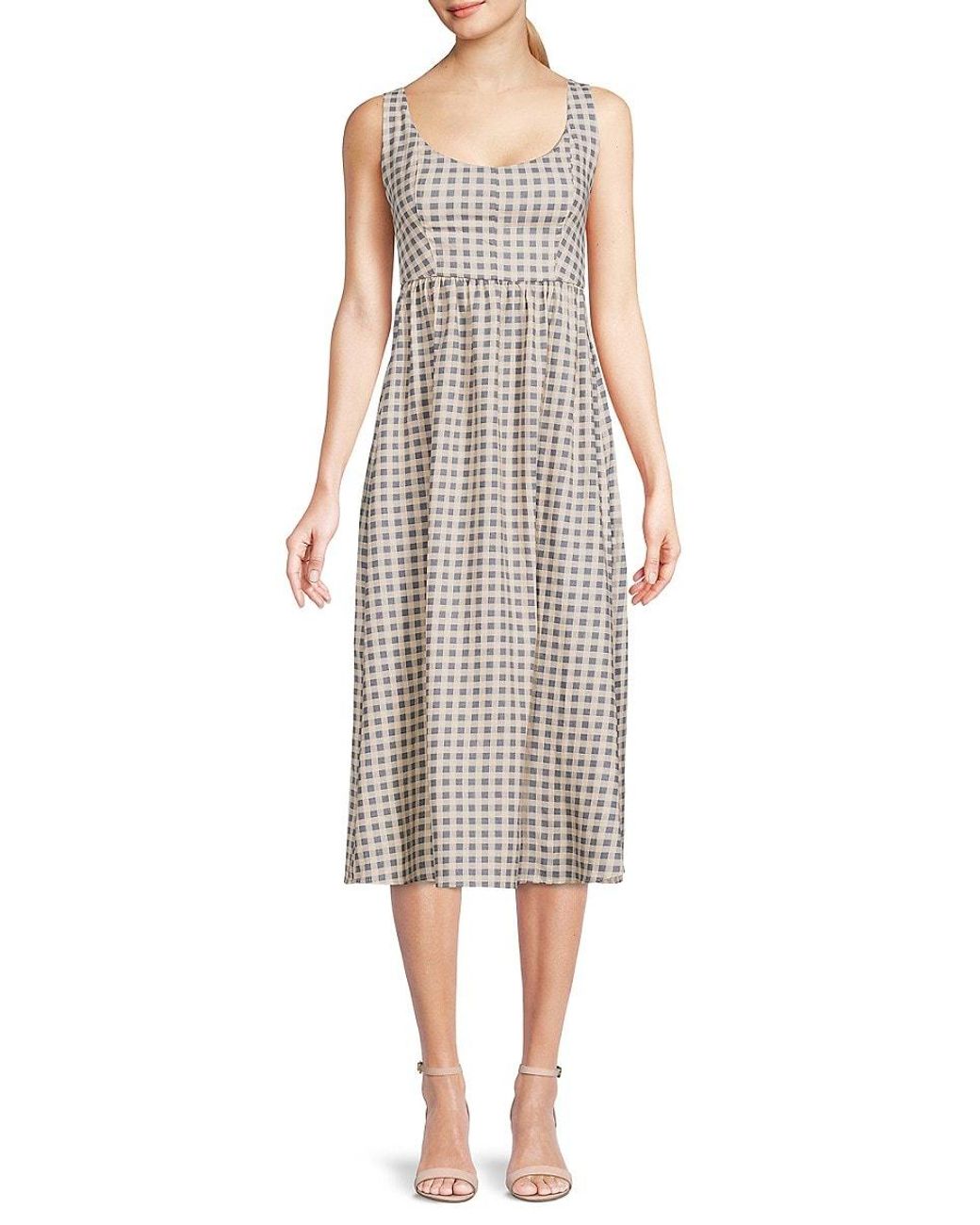 We Wore What Weworewhat Checked Corset Linen Blend Midi Dress in Grey ...