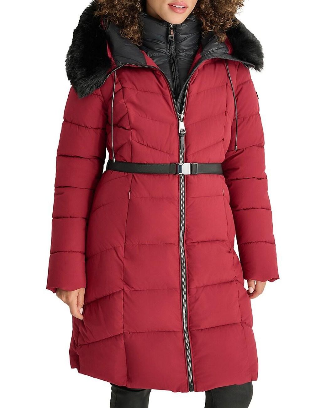 DKNY Missy Faux Fur Longline Puffer Coat With Bib in Red Lyst UK