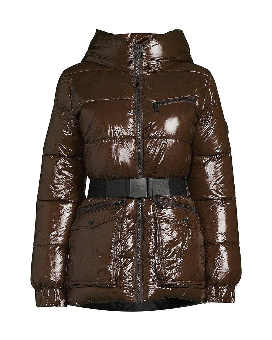 St. John Dkny Sport Glossy Belted & Hooded Puffer Jacket in Brown | Lyst