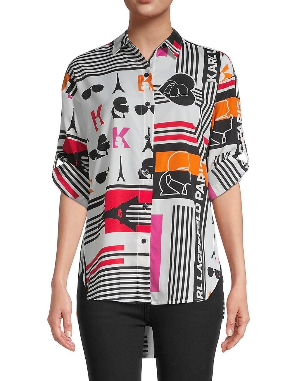 Karl Lagerfeld Roll Sleeve Printed Button Down Shirt | Lyst