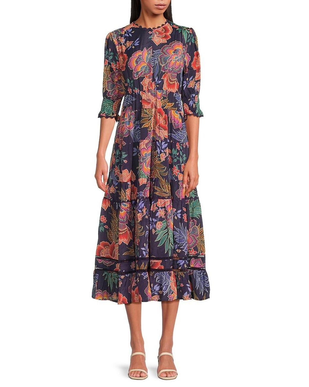 Johnny Was Daphne Floral Ruffled Silk-Blend Midi-Dress in Red Lyst