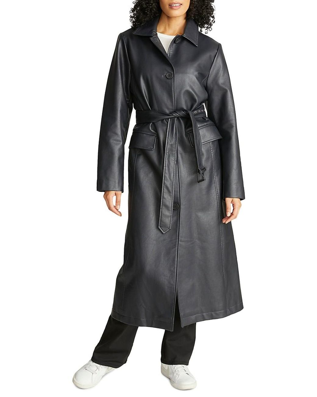 Rebecca Minkoff Faux Leather Belted Maxi Trench Coat in Black | Lyst UK