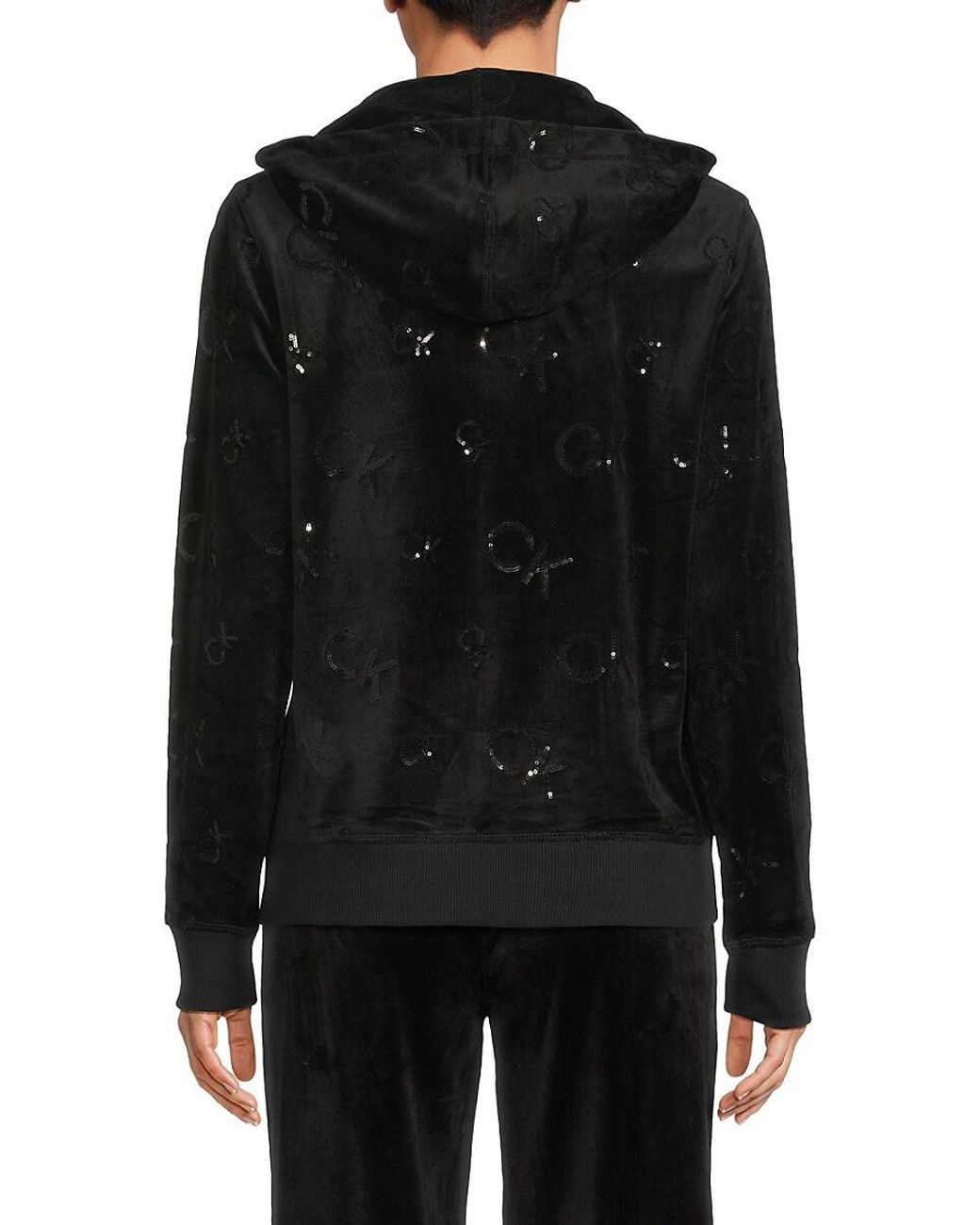 Calvin Klein Sequin Logo Velvet Hoodie in Black | Lyst