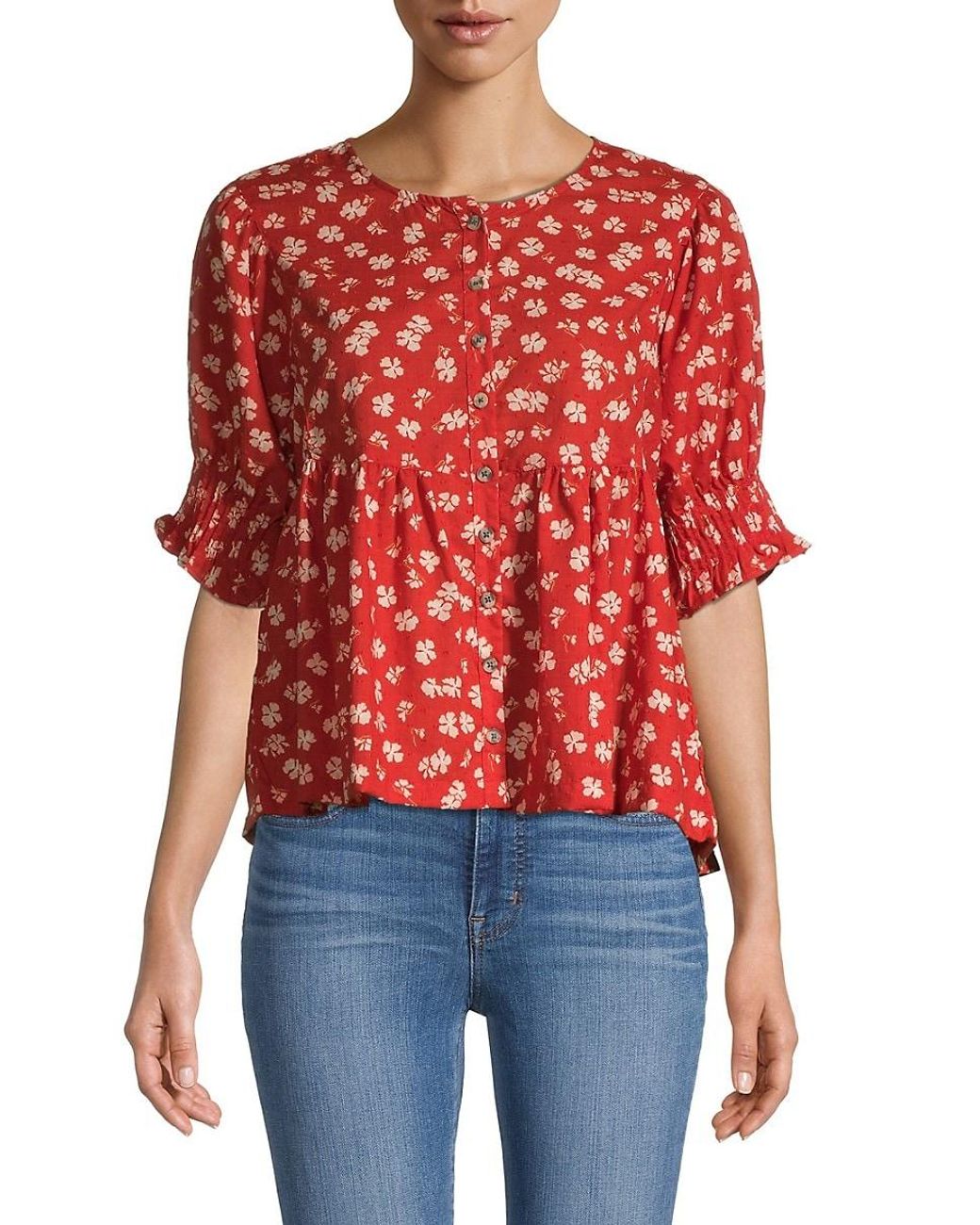 Madewell Floral Puff-sleeve Top in Red | Lyst