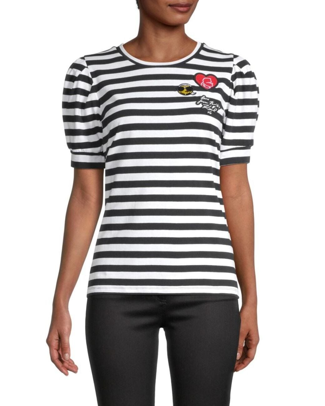 Karl Lagerfeld Cotton Women's Patch & Stripe Puffsleeve Tshirt Red