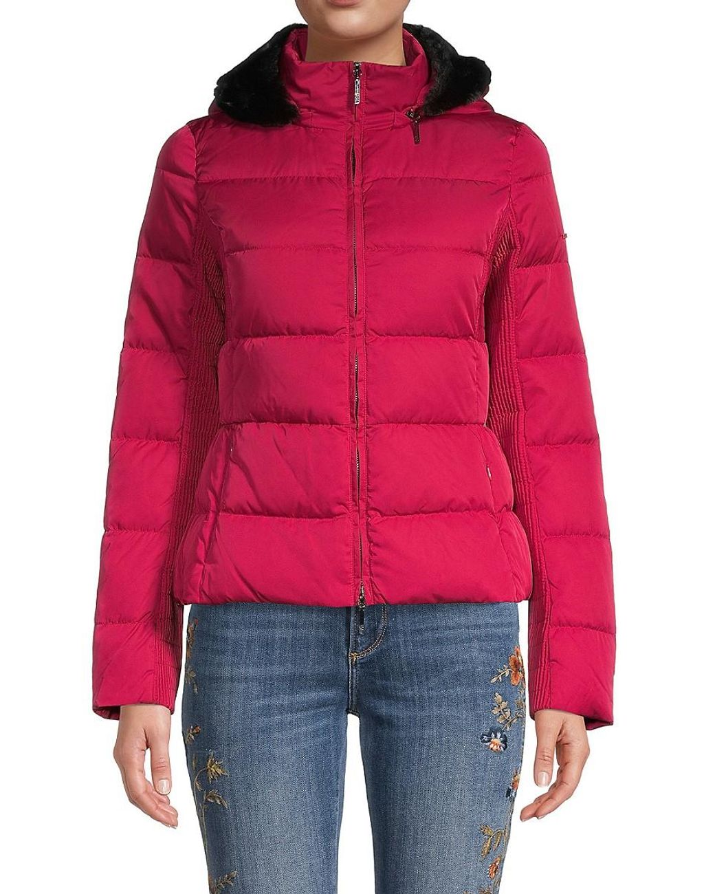 Armani Jeans Faux Fur-trim Down Puffer Jacket in Red | Lyst