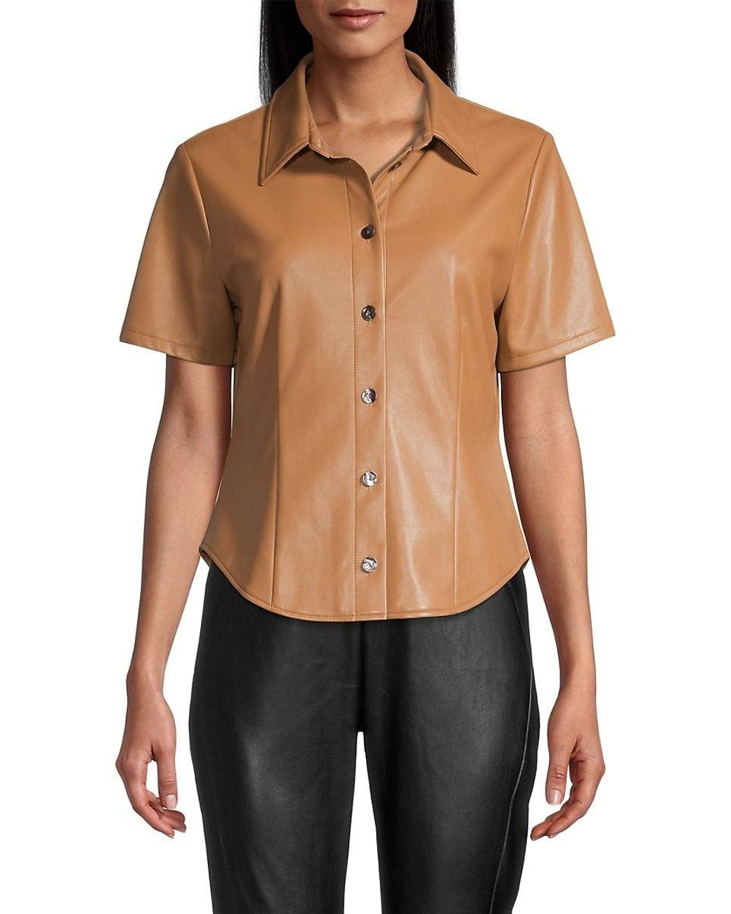 Tahari Faux Leather Button Down Shirt in Desert (Black) Lyst