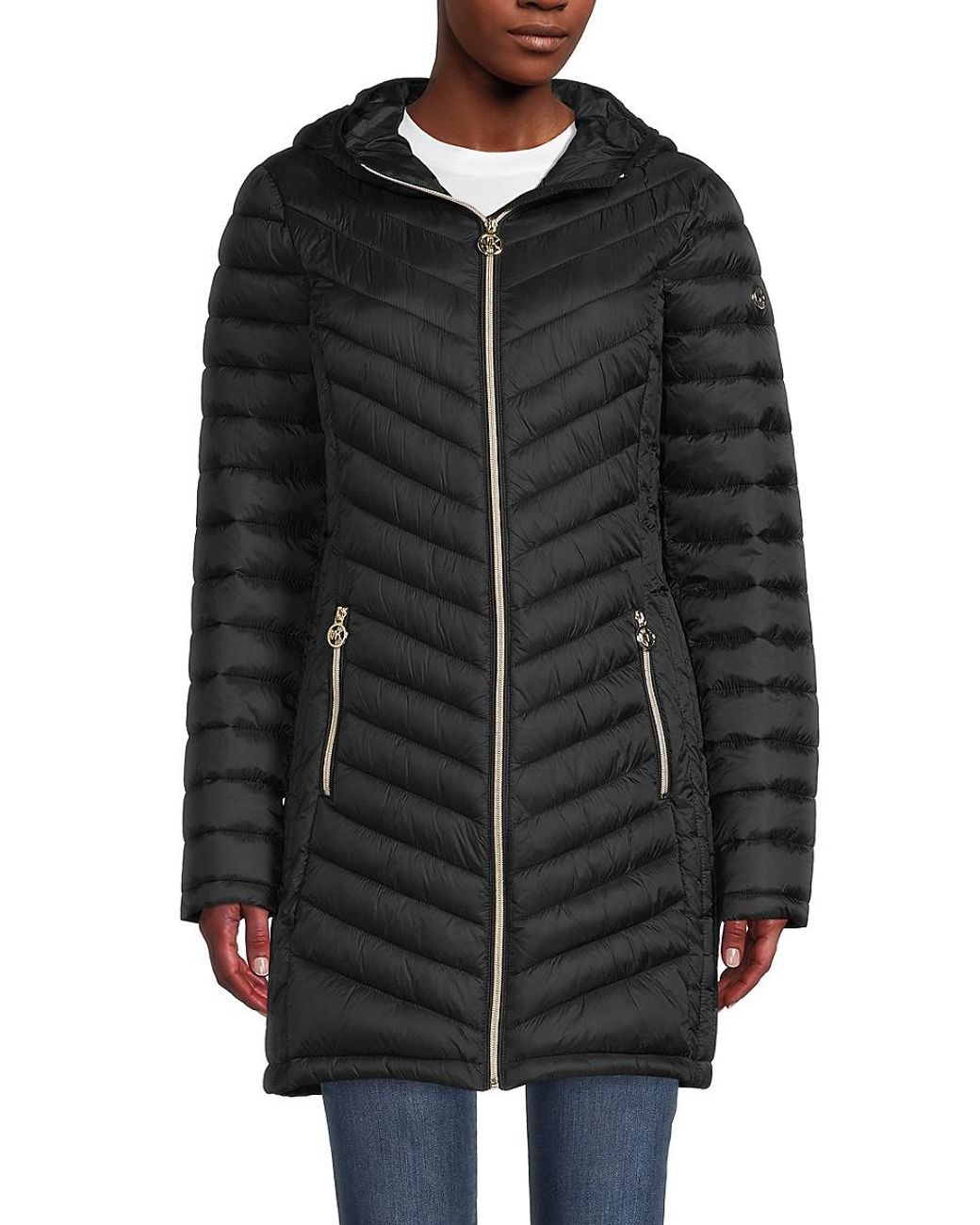 MICHAEL Michael Kors Packable Longline Hooded Puffer Jacket in Black | Lyst