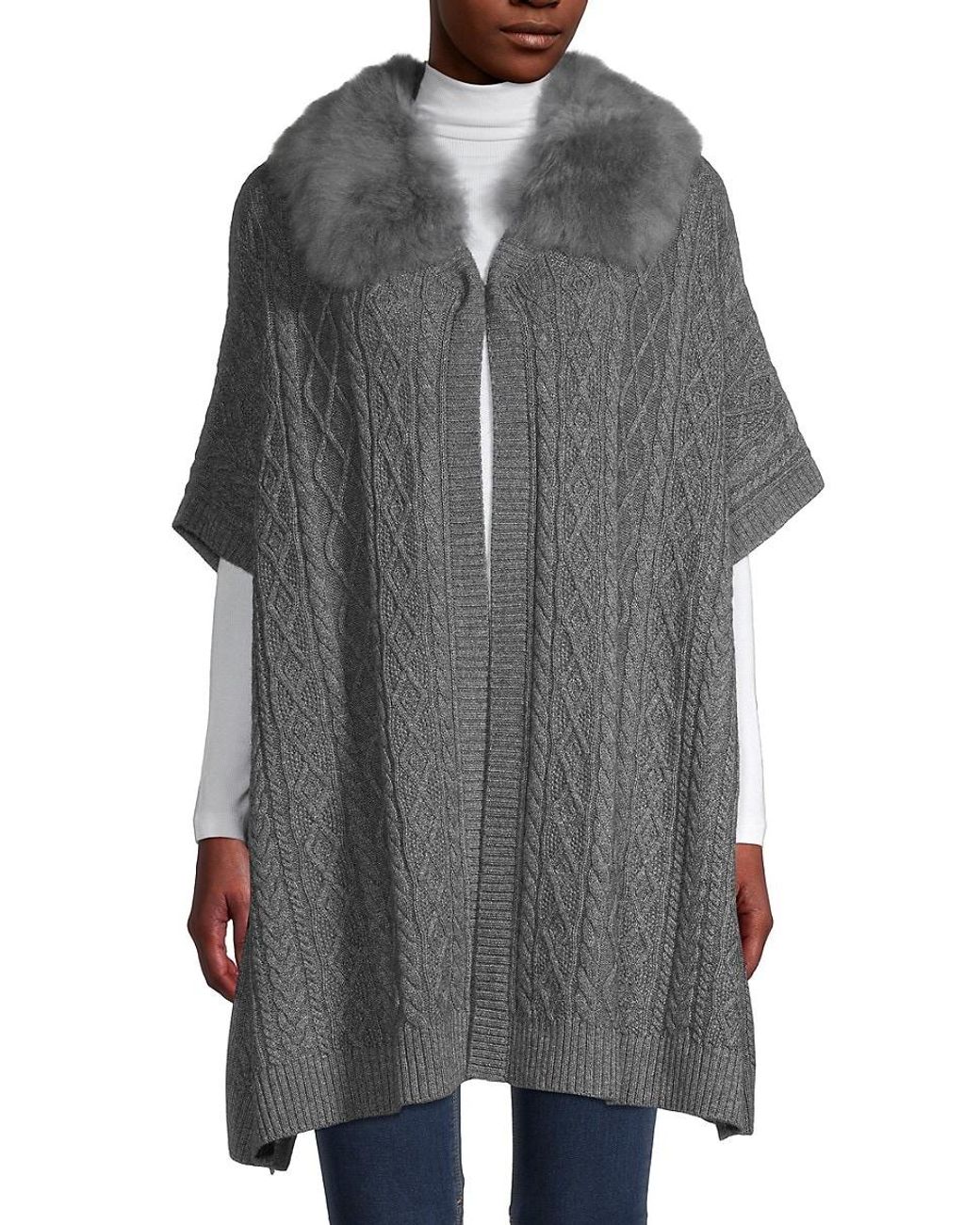 Sofia Cashmere Shearling Collar Wool & Cashmere Cape in Grey (Gray) | Lyst