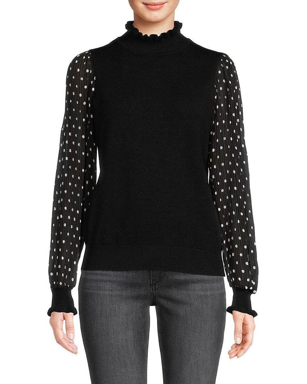 Nanette Lepore Dot Sleeve Mockneck Sweater in Black | Lyst
