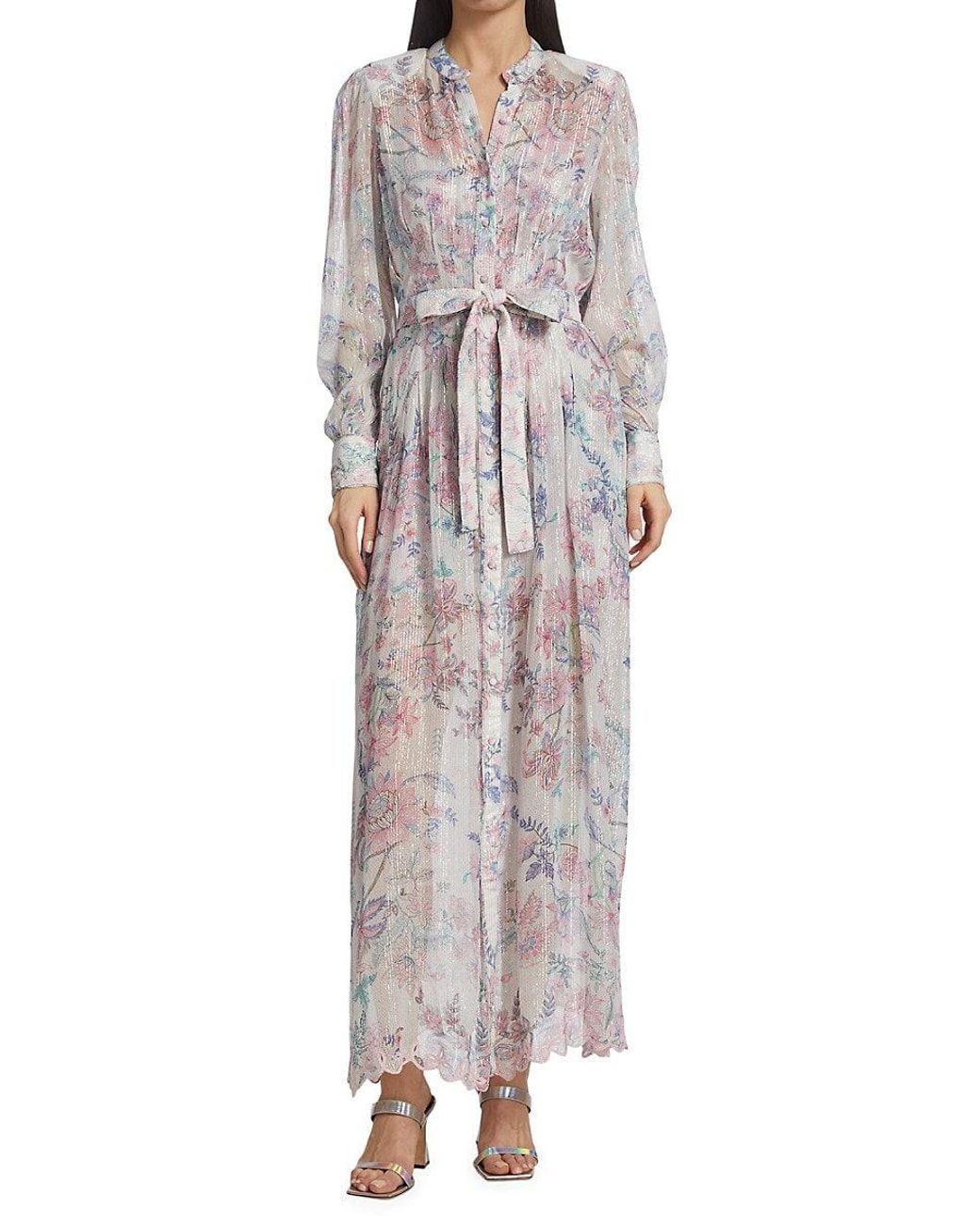 Hemant & Nandita Belted Metallic Stripe & Floral Maxi Dress in Gray | Lyst