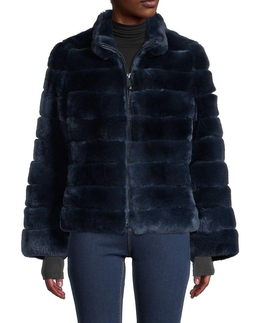 Belle Fare Quilted Rabbit Fur Jacket in Blue | Lyst