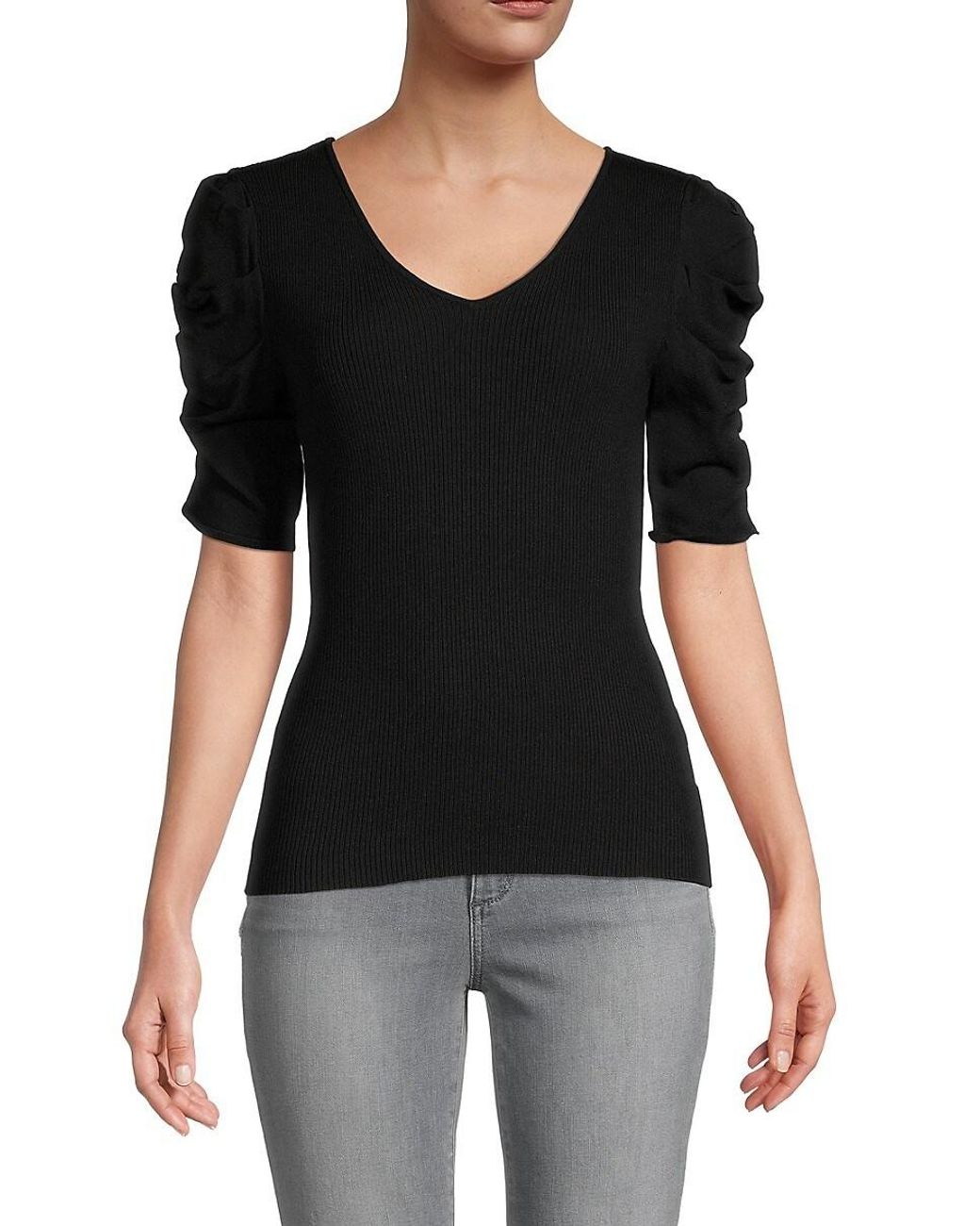 T Tahari Ribbed Puffsleeve Top in Black Lyst