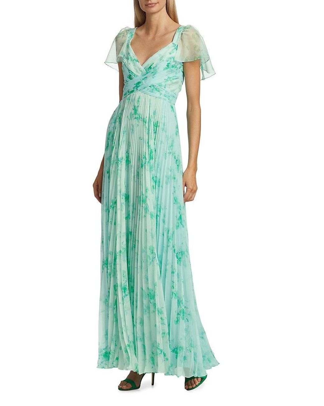 THEIA Alani Pleated Flutter-sleeve Gown in Green | Lyst