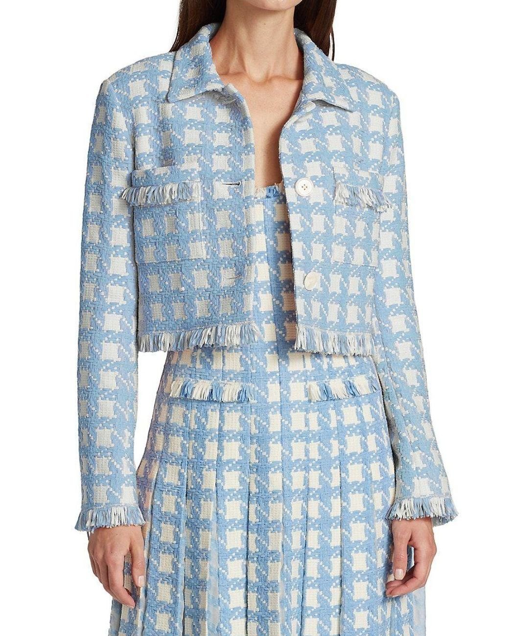 Oscar de la Renta Gingham Tweed Cropped Jacket in Blue Lyst