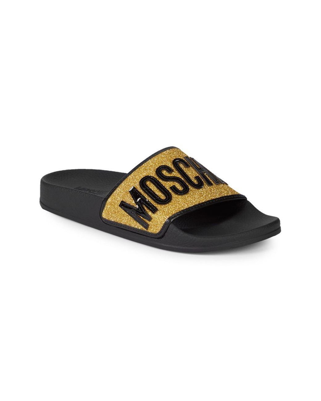 Moschino Glitter Logo Pool Slides in Black | Lyst