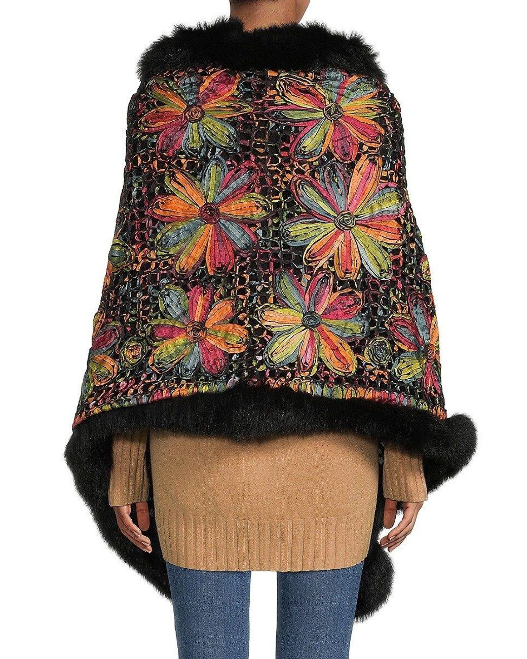 Belle Fare Fox Fur Floral Silk Cape in 