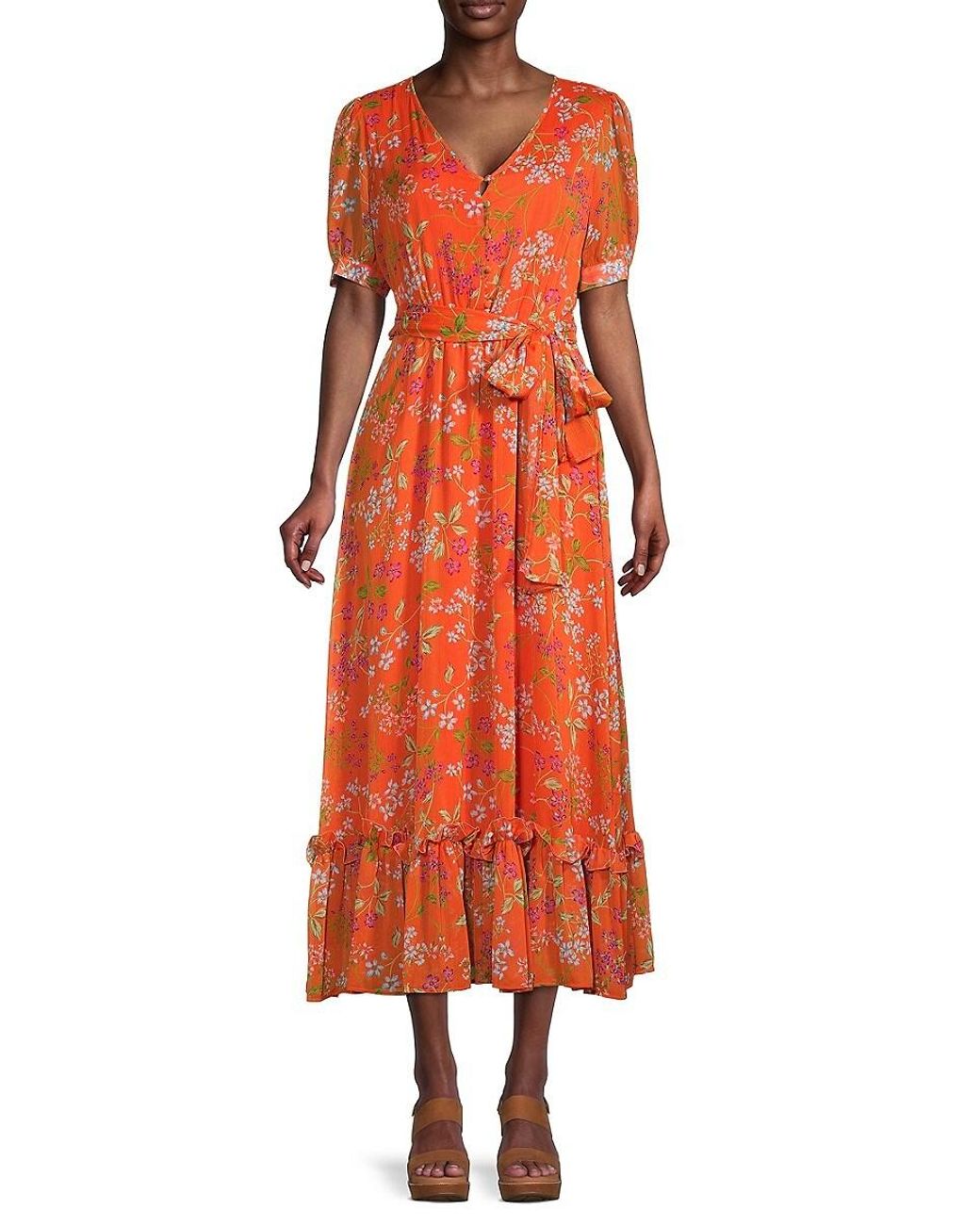 Calvin Klein Floral-print Belted Midi Dress in Orange | Lyst