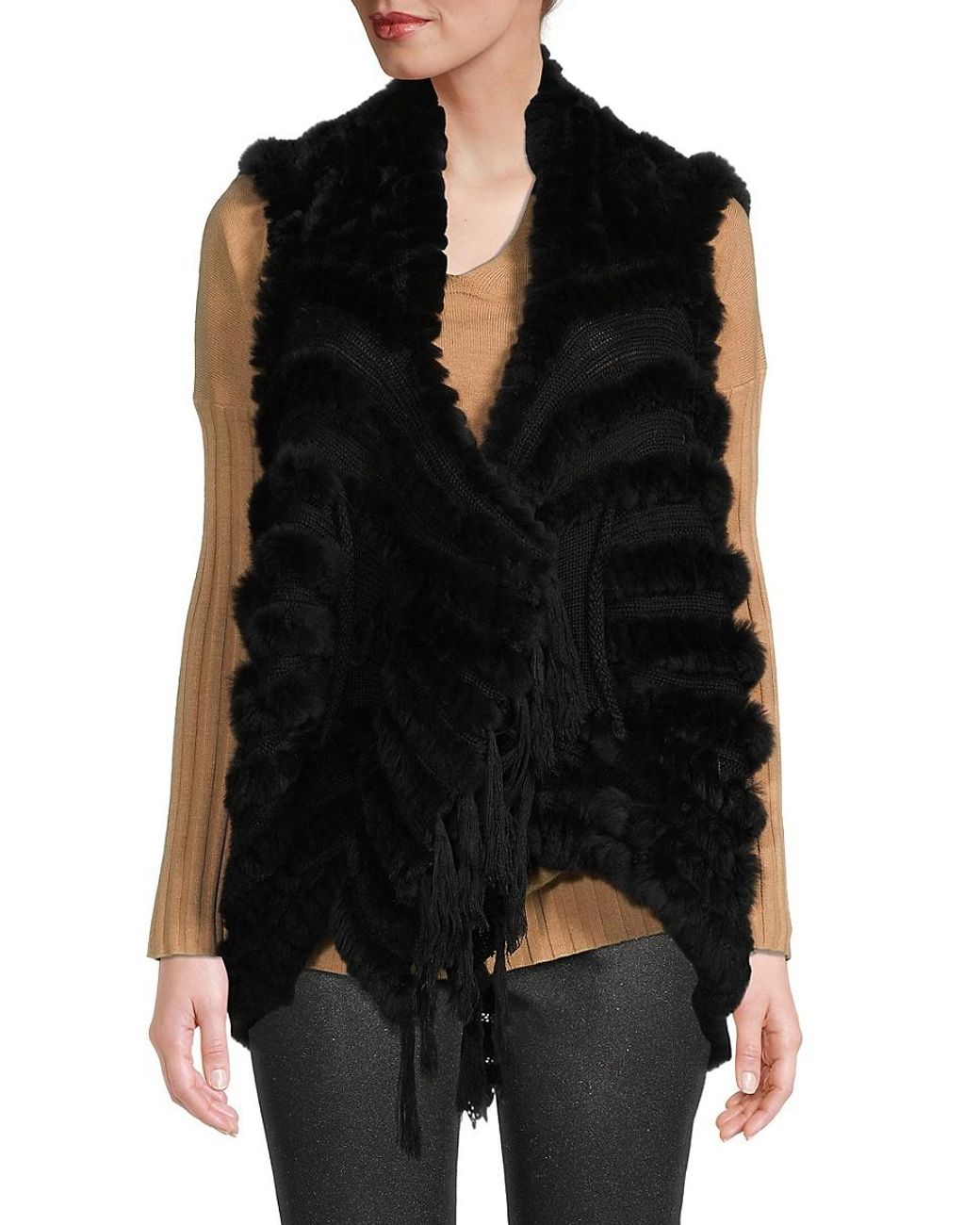 Belle Fare Knit Rabbit Fur Vest in Black | Lyst