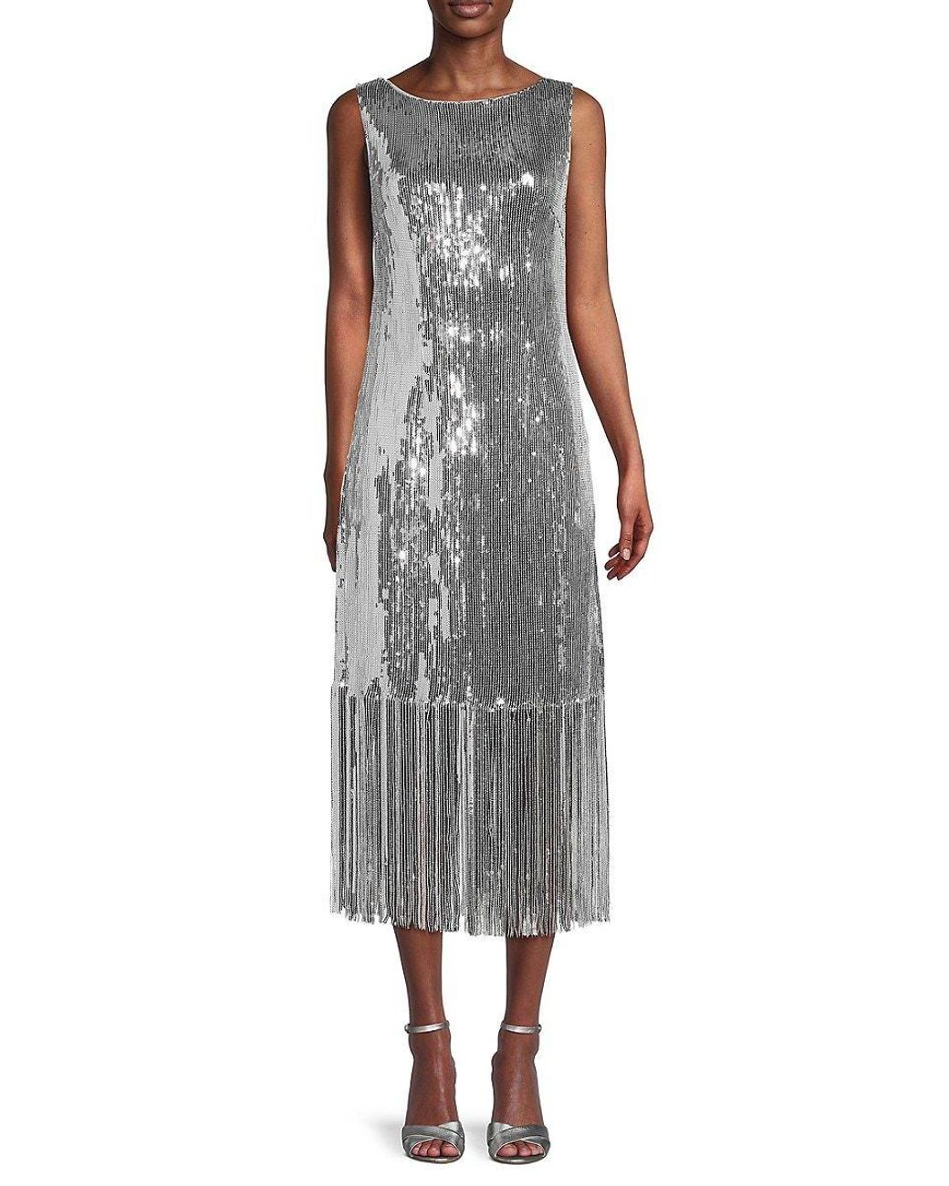 Lepore Sequin Fringe Midi Dress in Gray Lyst