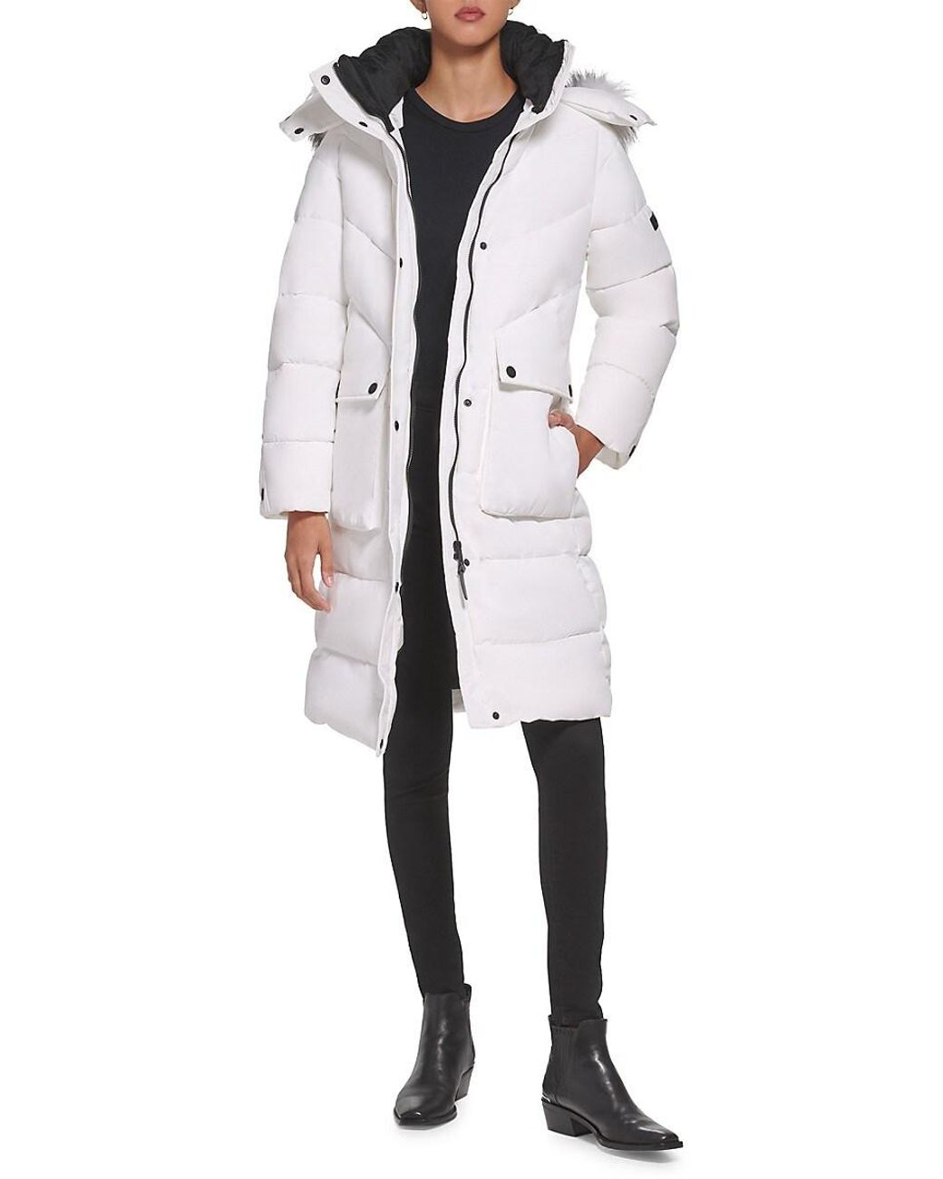 DKNY Faux Fur Trim Long Puffer Coat in White Lyst Canada