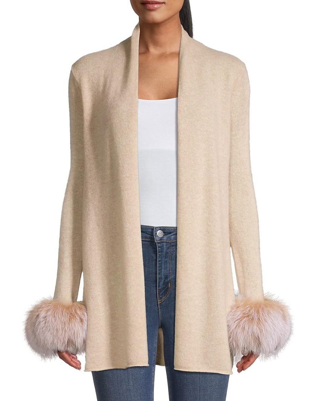 Sofia Cashmere Fox Fur Cuff Cardigan in Natural Lyst