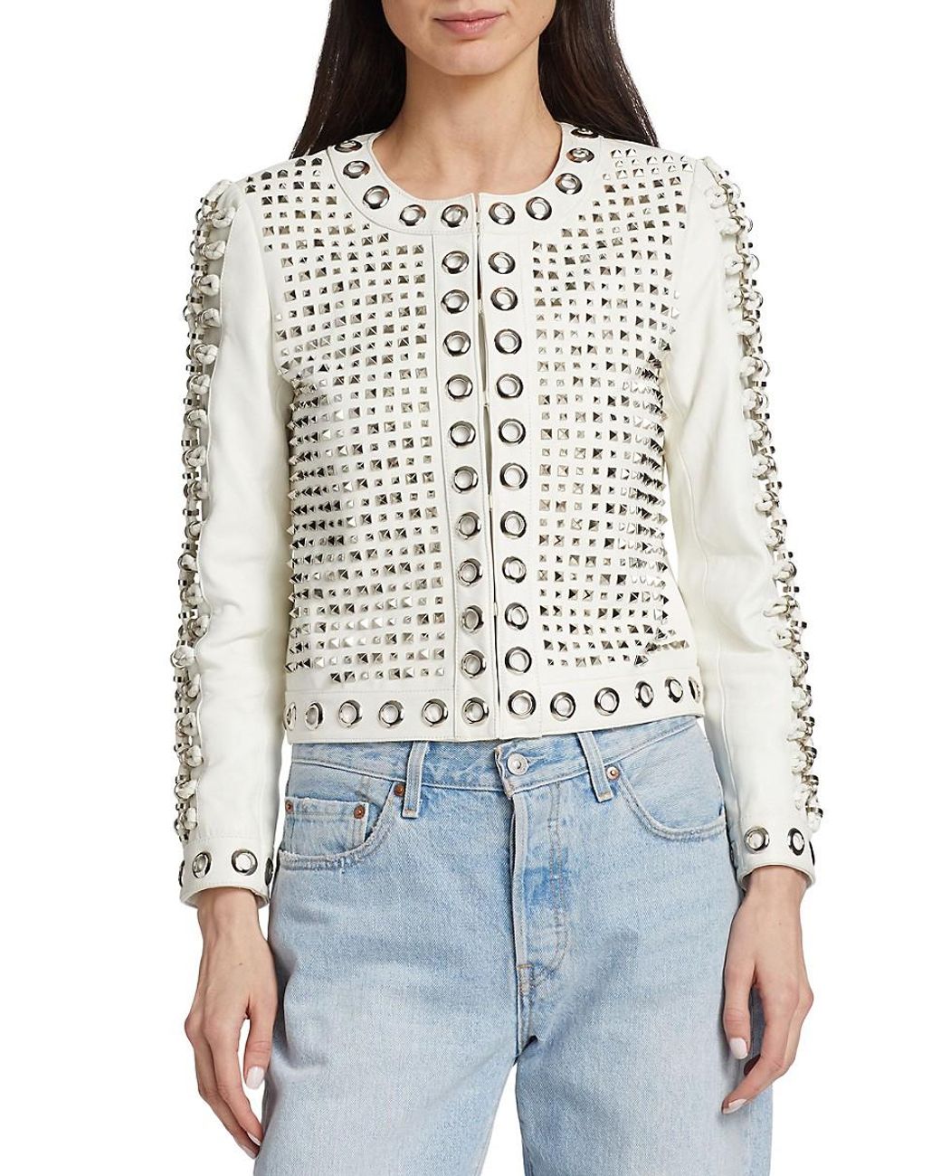 Alice and olivia top white leather jacket